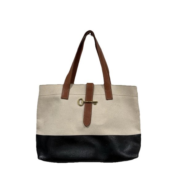 Fossil Handbags - FOSSIL Austin Shoppper Off White Black Cotton Canvas Tote‎ Shopper Canvas Bag